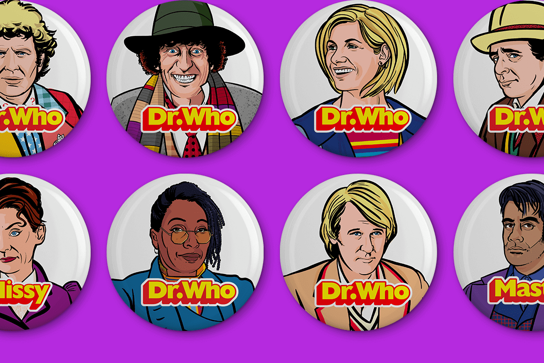 Selection of retro styled Doctor Who badge designs