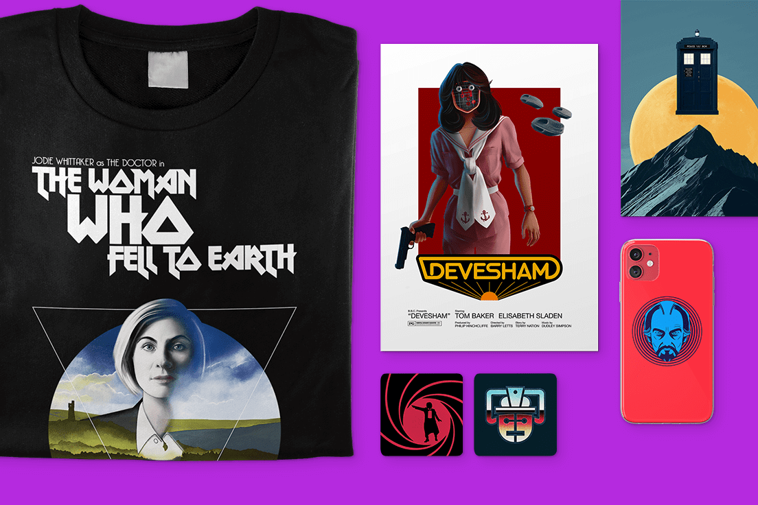Selection of Doctor Who inspired t-shirts, prints, posters and gifts